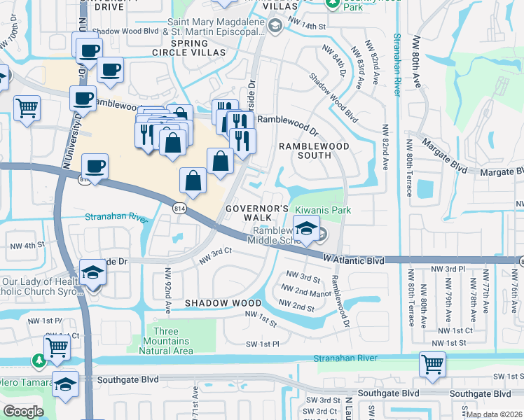 map of restaurants, bars, coffee shops, grocery stores, and more near 502 Northwest 87th Lane in Coral Springs