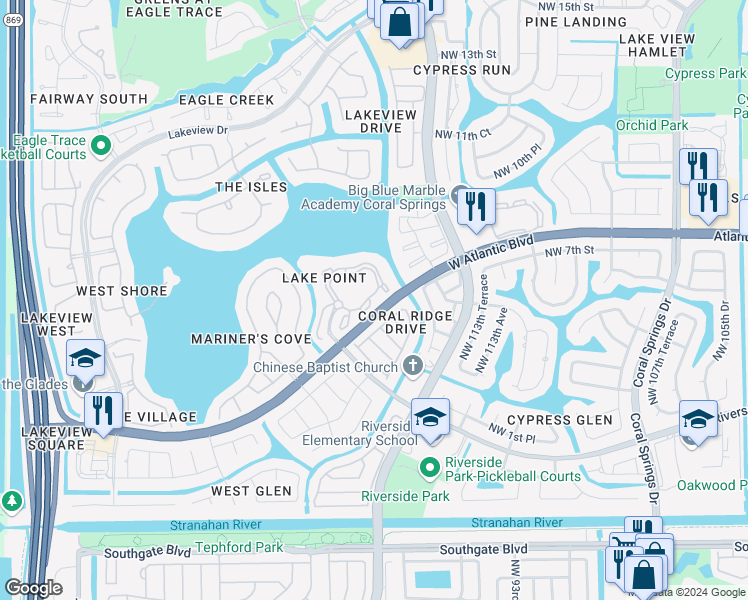 map of restaurants, bars, coffee shops, grocery stores, and more near 11637 West Atlantic Boulevard in Coral Springs