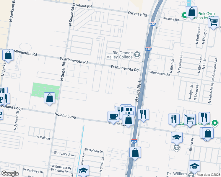 map of restaurants, bars, coffee shops, grocery stores, and more near 502 West Minnesota Road in Pharr