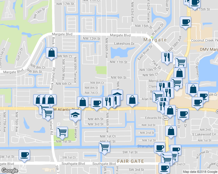 map of restaurants, bars, coffee shops, grocery stores, and more near 800 Northwest 66th Avenue in Margate