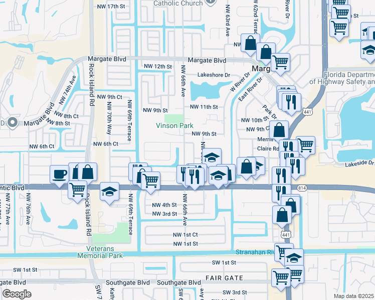 map of restaurants, bars, coffee shops, grocery stores, and more near 800 Northwest 66th Avenue in Margate