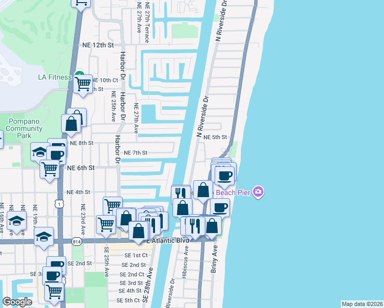 map of restaurants, bars, coffee shops, grocery stores, and more near 407 North Riverside Drive in Pompano Beach