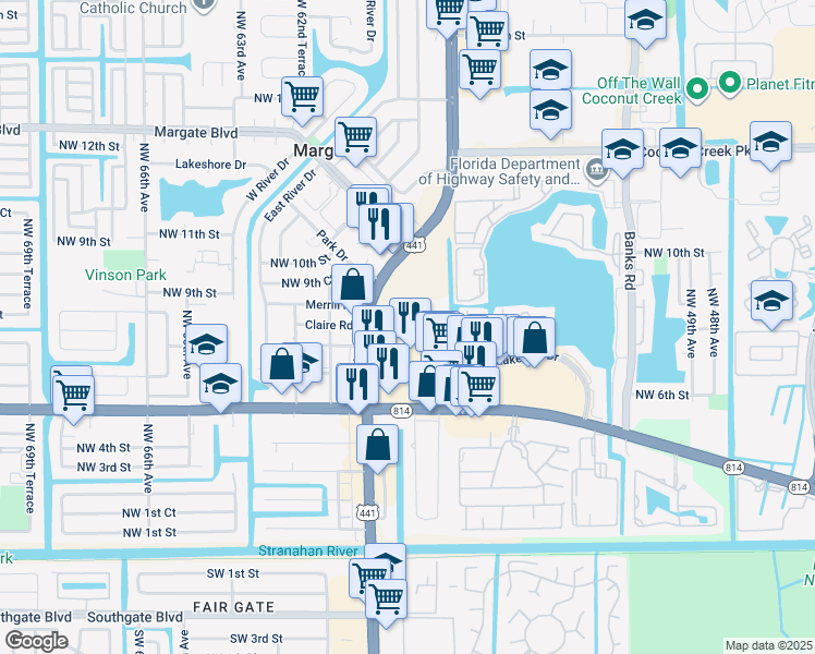 map of restaurants, bars, coffee shops, grocery stores, and more near 5618 Northwest 8th Street in Margate