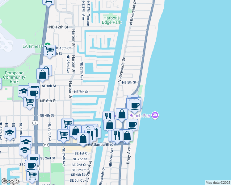 map of restaurants, bars, coffee shops, grocery stores, and more near 401 North Riverside Drive in Pompano Beach