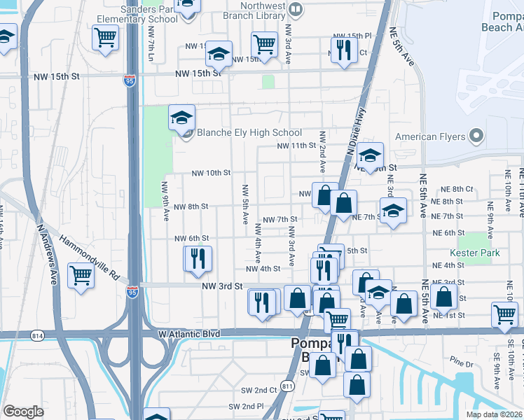 map of restaurants, bars, coffee shops, grocery stores, and more near 353 Northwest 7th Street in Pompano Beach