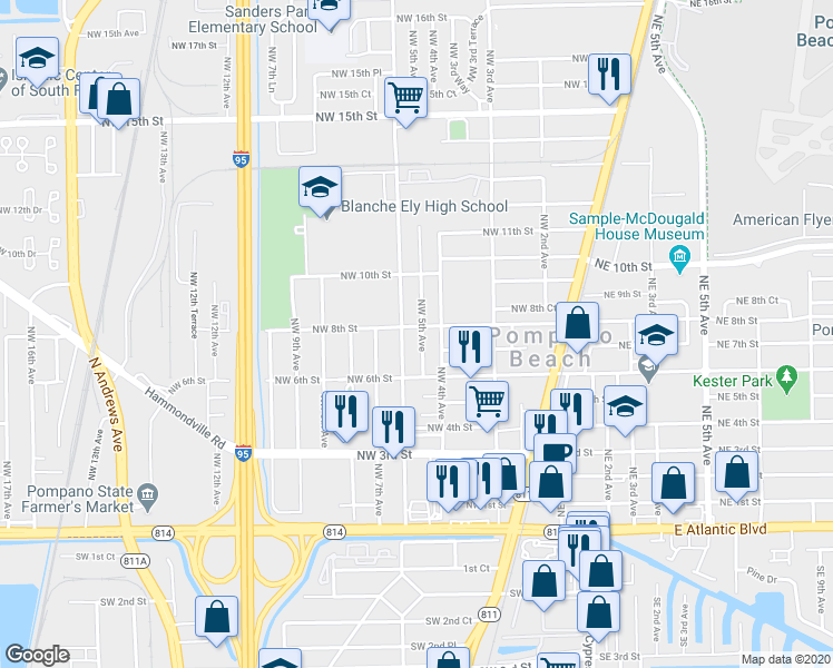 map of restaurants, bars, coffee shops, grocery stores, and more near 715 Northwest 5th Avenue in Pompano Beach