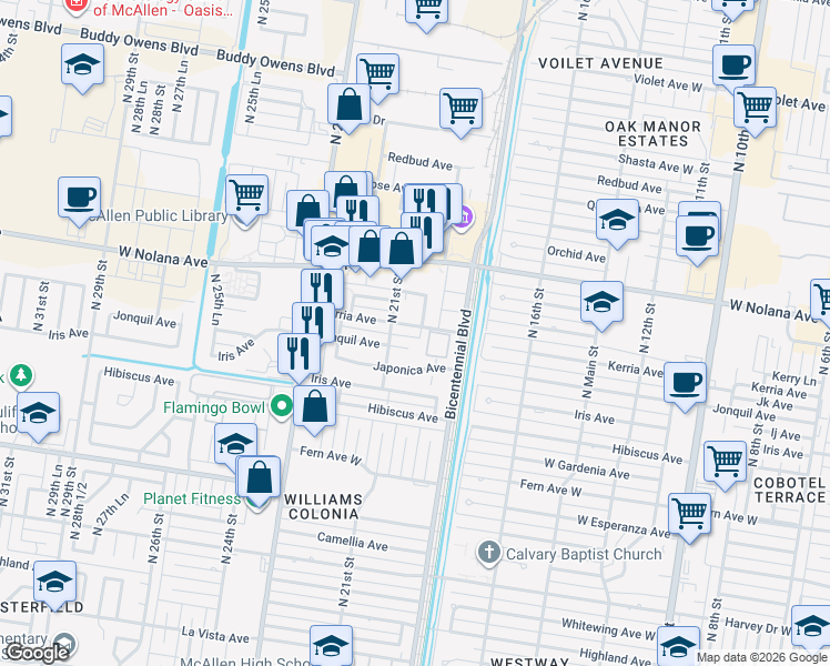 map of restaurants, bars, coffee shops, grocery stores, and more near 3601 North Bicentennial Boulevard in McAllen