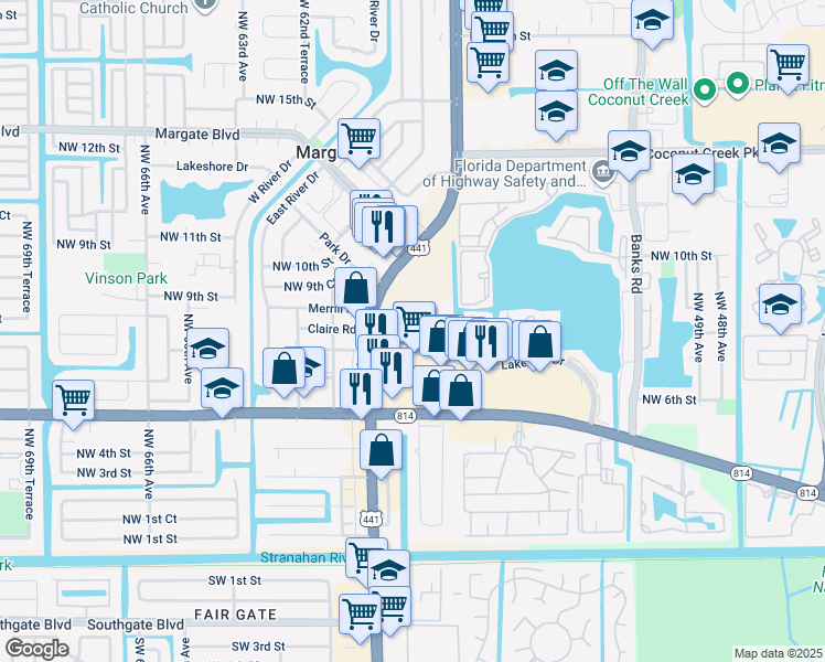 map of restaurants, bars, coffee shops, grocery stores, and more near 5618 Northwest 8th Street in Margate