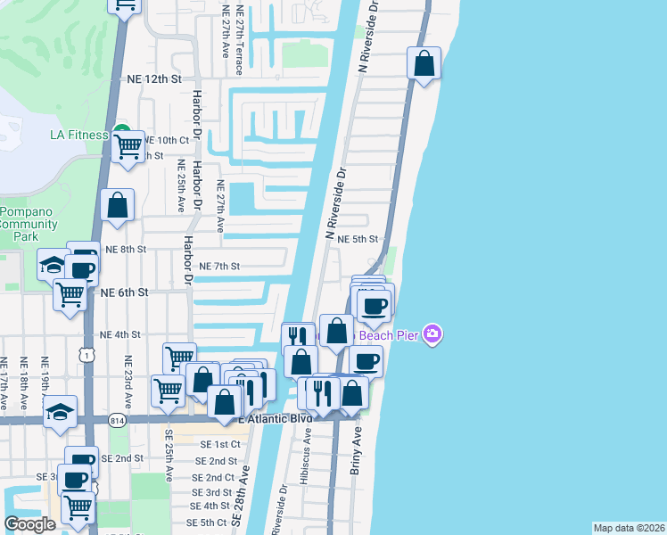 map of restaurants, bars, coffee shops, grocery stores, and more near 401 Sunset Drive in Pompano Beach