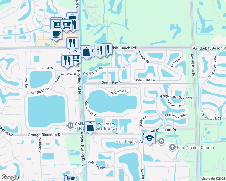 map of restaurants, bars, coffee shops, grocery stores, and more near 2660 Aft Avenue in Naples