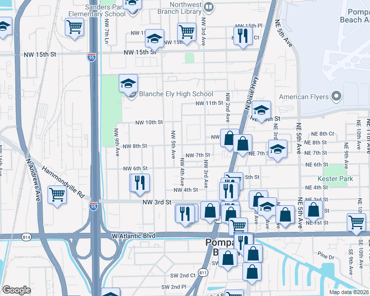 map of restaurants, bars, coffee shops, grocery stores, and more near 353 Northwest 7th Street in Pompano Beach