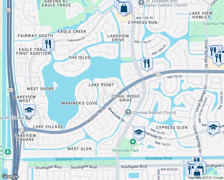 map of restaurants, bars, coffee shops, grocery stores, and more near 11611 West Atlantic Boulevard in Coral Springs