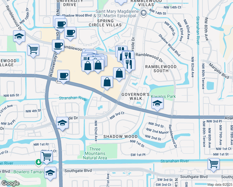 map of restaurants, bars, coffee shops, grocery stores, and more near 8921 West Atlantic Boulevard in Coral Springs