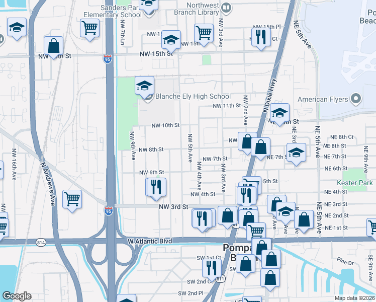 map of restaurants, bars, coffee shops, grocery stores, and more near 715 Northwest 5th Avenue in Pompano Beach
