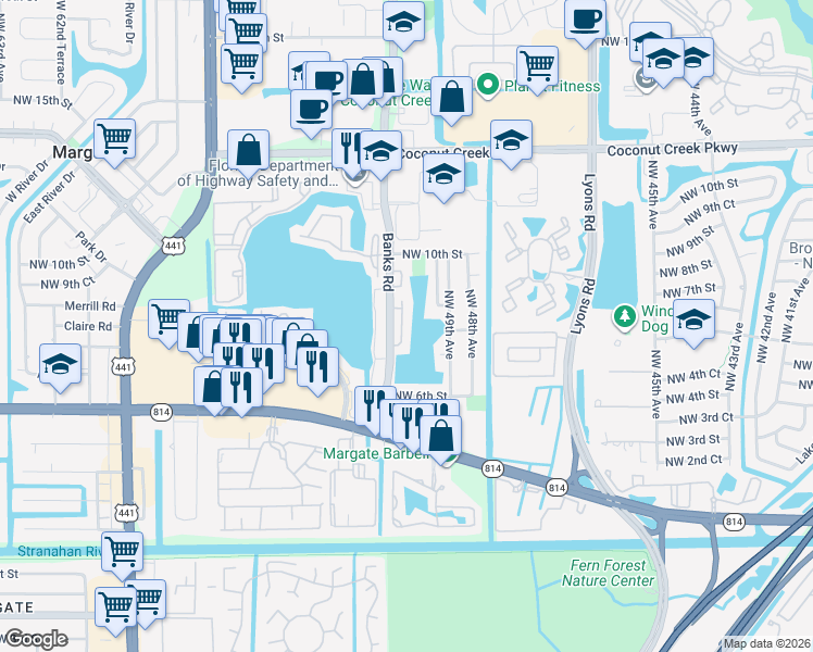map of restaurants, bars, coffee shops, grocery stores, and more near 792 Banks Road in Coconut Creek