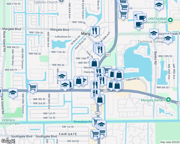 map of restaurants, bars, coffee shops, grocery stores, and more near 6101 Northwest 8th Street in Margate