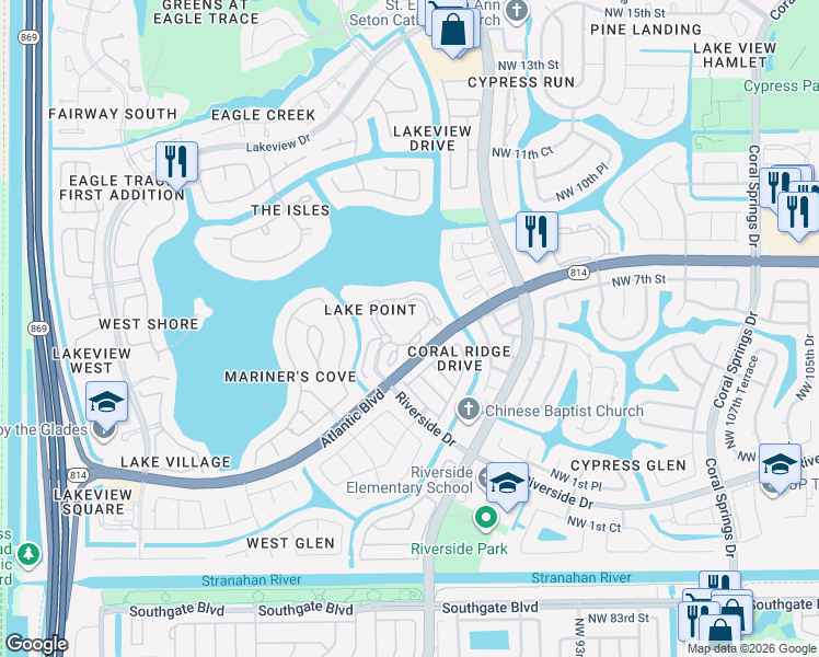 map of restaurants, bars, coffee shops, grocery stores, and more near 11611 West Atlantic Boulevard in Coral Springs