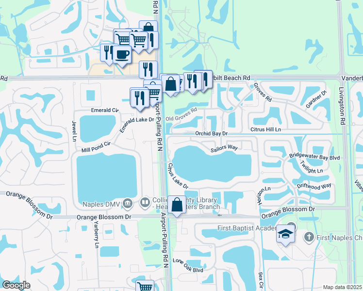 map of restaurants, bars, coffee shops, grocery stores, and more near 2524 Sailors Way in Naples