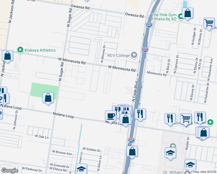 map of restaurants, bars, coffee shops, grocery stores, and more near 502 West Minnesota Road in Pharr