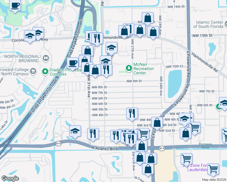 map of restaurants, bars, coffee shops, grocery stores, and more near 2911 Northwest 7th Street in Pompano Beach
