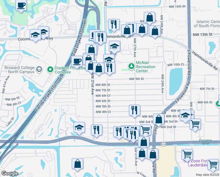 map of restaurants, bars, coffee shops, grocery stores, and more near 2961 Northwest 7th Street in Pompano Beach