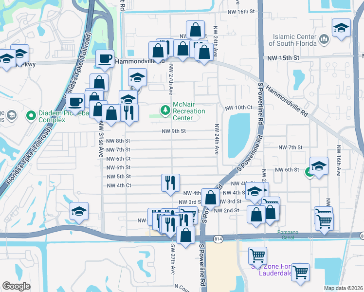 map of restaurants, bars, coffee shops, grocery stores, and more near 2638 Northwest 7th Street in Pompano Beach