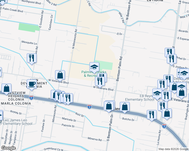 map of restaurants, bars, coffee shops, grocery stores, and more near 406 West Veterans Boulevard in Palmview