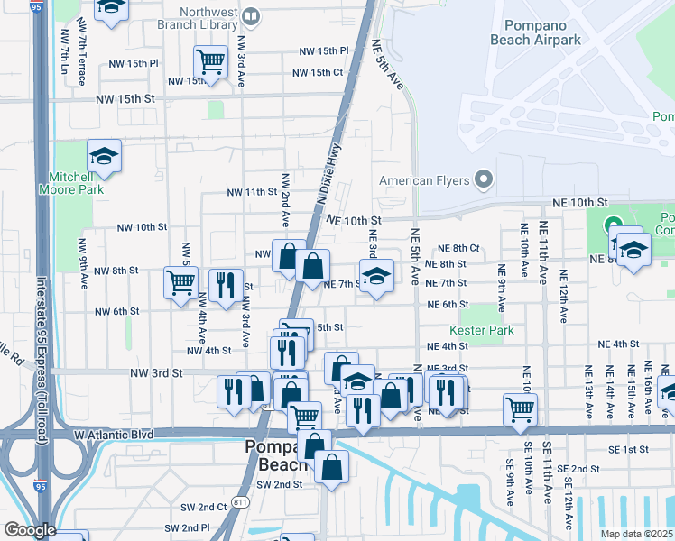 map of restaurants, bars, coffee shops, grocery stores, and more near 111 Northeast 7th Street in Pompano Beach