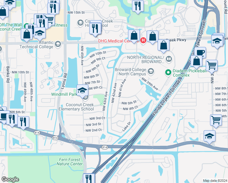 map of restaurants, bars, coffee shops, grocery stores, and more near 600 Northwest 42nd Avenue in Coconut Creek