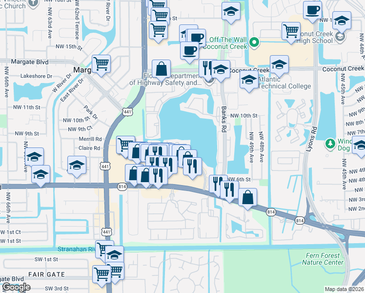 map of restaurants, bars, coffee shops, grocery stores, and more near 257 Lakeside Drive in Margate