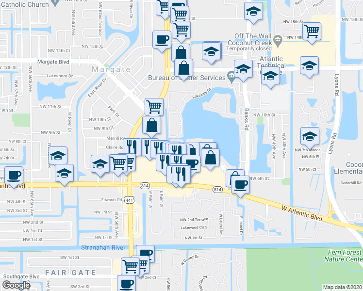 map of restaurants, bars, coffee shops, grocery stores, and more near 5541 Lakeside Drive in Margate