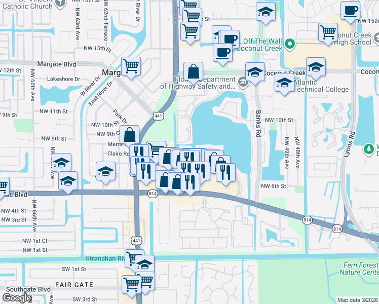 map of restaurants, bars, coffee shops, grocery stores, and more near 5541 Lakeside Drive in Margate