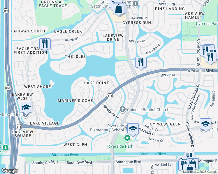 map of restaurants, bars, coffee shops, grocery stores, and more near 11637 West Atlantic Boulevard in Coral Springs
