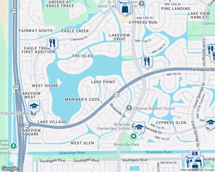 map of restaurants, bars, coffee shops, grocery stores, and more near 11611 West Atlantic Boulevard in Coral Springs