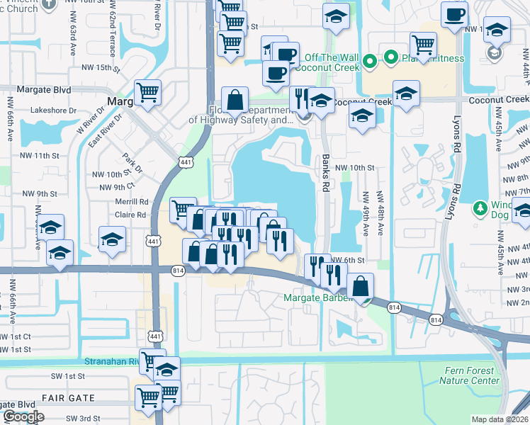 map of restaurants, bars, coffee shops, grocery stores, and more near 257 Lakeside Drive in Margate