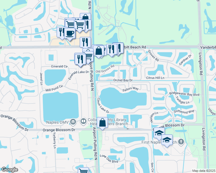 map of restaurants, bars, coffee shops, grocery stores, and more near 2524 Sailors Way in Naples
