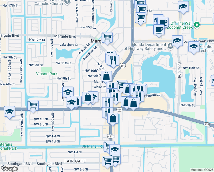 map of restaurants, bars, coffee shops, grocery stores, and more near 707 U.S. 441 in Margate