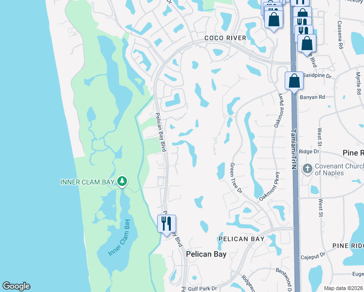 map of restaurants, bars, coffee shops, grocery stores, and more near 7040 Pelican Bay Boulevard in Naples