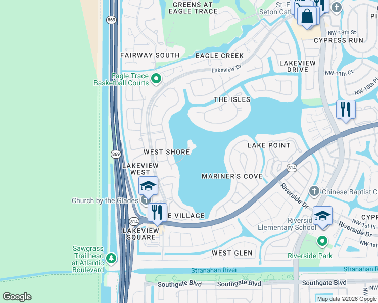 map of restaurants, bars, coffee shops, grocery stores, and more near 12201 Northwest 7th Drive in Coral Springs