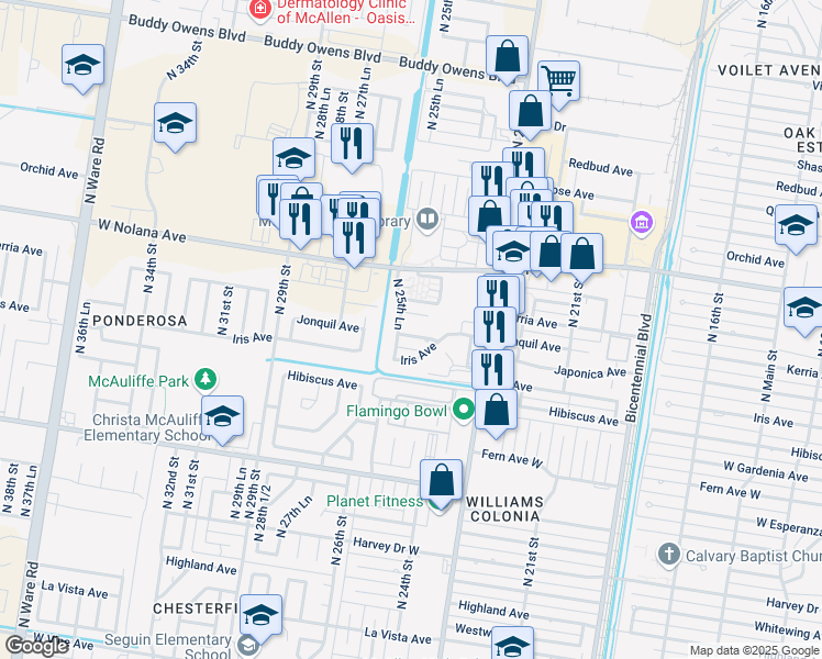 map of restaurants, bars, coffee shops, grocery stores, and more near 2403 West Jonquil Avenue in McAllen