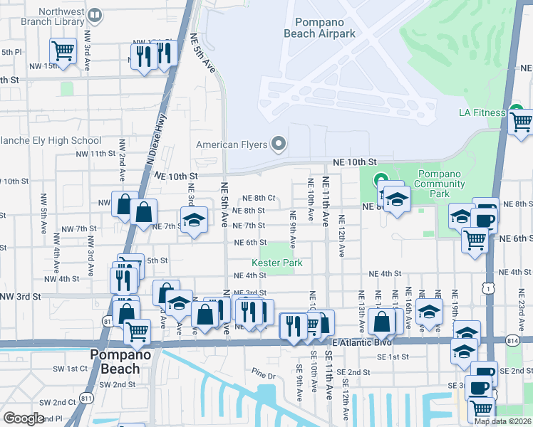 map of restaurants, bars, coffee shops, grocery stores, and more near 701 Northeast 7th Street in Pompano Beach