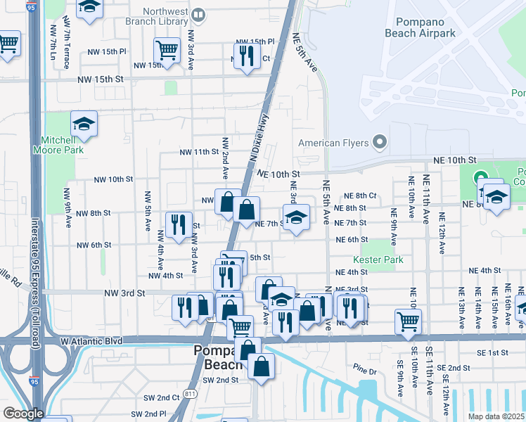 map of restaurants, bars, coffee shops, grocery stores, and more near 111 Northeast 7th Street in Pompano Beach