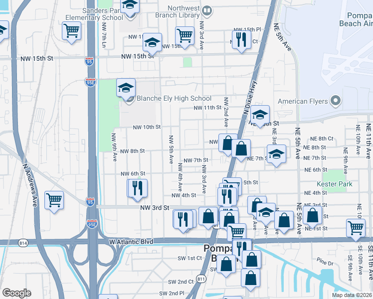 map of restaurants, bars, coffee shops, grocery stores, and more near 353 Northwest 7th Street in Pompano Beach