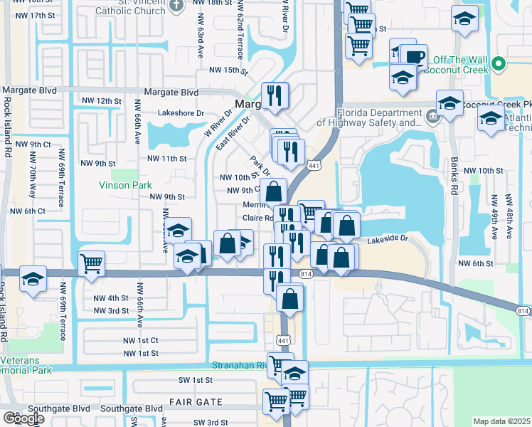 map of restaurants, bars, coffee shops, grocery stores, and more near 6101 Northwest 8th Street in Margate