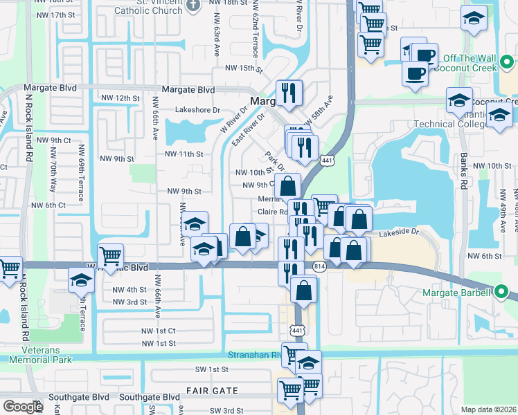 map of restaurants, bars, coffee shops, grocery stores, and more near 6101 Northwest 8th Street in Margate