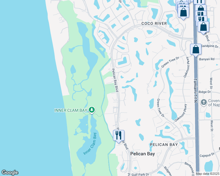 map of restaurants, bars, coffee shops, grocery stores, and more near 7277 Pelican Bay Boulevard in Naples