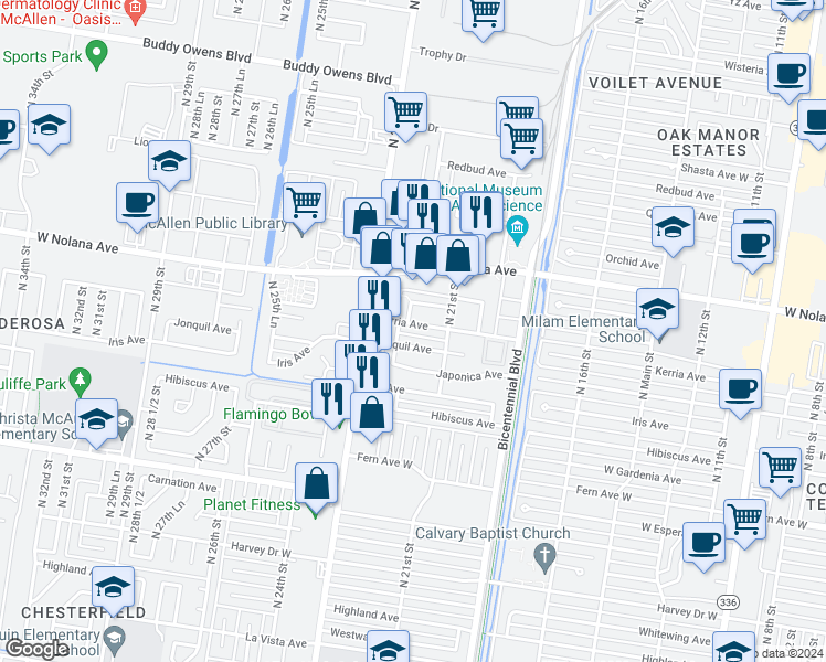 map of restaurants, bars, coffee shops, grocery stores, and more near 2125 West Jonquil Avenue in McAllen