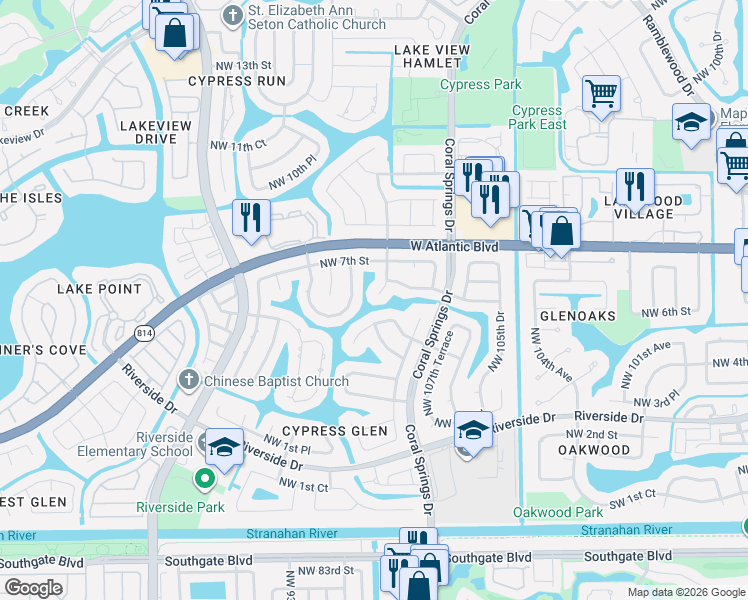 map of restaurants, bars, coffee shops, grocery stores, and more near 11001 Northwest 5th Court in Coral Springs