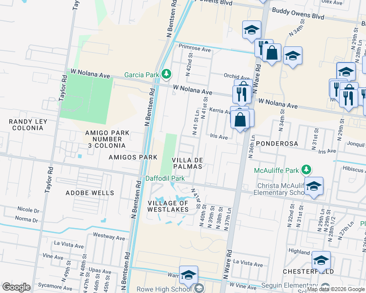map of restaurants, bars, coffee shops, grocery stores, and more near 4125 Geranium Avenue in McAllen