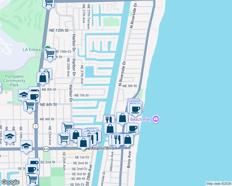 map of restaurants, bars, coffee shops, grocery stores, and more near 419 North Riverside Drive in Pompano Beach